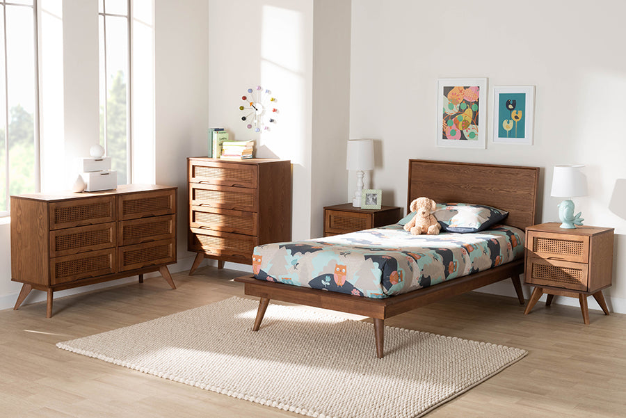 Baxton Studio Melora Mid-Century Modern Walnut Brown Finished Wood and Rattan Twin Size 5-Piece Bedroom Set