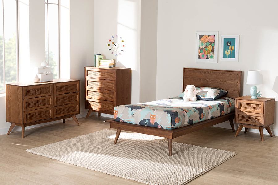 Baxton Studio Melora Mid-Century Modern Walnut Brown Finished Wood and Rattan Twin Size 4-Piece Bedroom Set