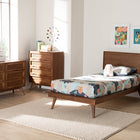 Baxton Studio Melora Mid-Century Modern Walnut Brown Finished Wood and Rattan Twin Size 4-Piece Bedroom Set