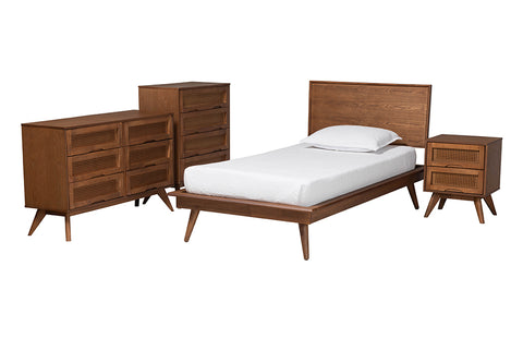 Baxton Studio Melora Mid-Century Modern Walnut Brown Finished Wood and Rattan Twin Size 4-Piece Bedroom Set