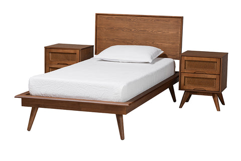 Baxton Studio Melora Mid-Century Modern Walnut Brown Finished Wood and Rattan Twin Size 3-Piece Bedroom Set