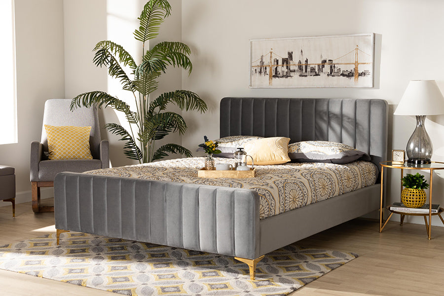 Baxton Studio Nami Modern Contemporary Glam and Luxe Light Grey Velvet Fabric Upholstered and Gold Finished Queen Size Platform Bed