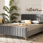 Baxton Studio Nami Modern Contemporary Glam and Luxe Light Grey Velvet Fabric Upholstered and Gold Finished Queen Size Platform Bed