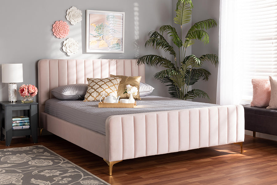 Baxton Studio Nami Modern Contemporary Glam and Luxe Light Pink Velvet Fabric Upholstered and Gold Finished Queen Size Platform Bed