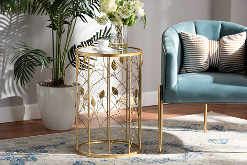 Baxton Studio Anaya Modern and Contemporary Glam Brushed Gold Finished Metal and Glass Leaf Accent End Table