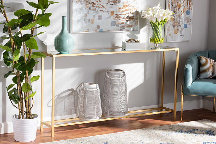 Baxton Studio Alessa Modern and Contemporary Glam Gold Finished Metal and Mirrored Glass Console Table