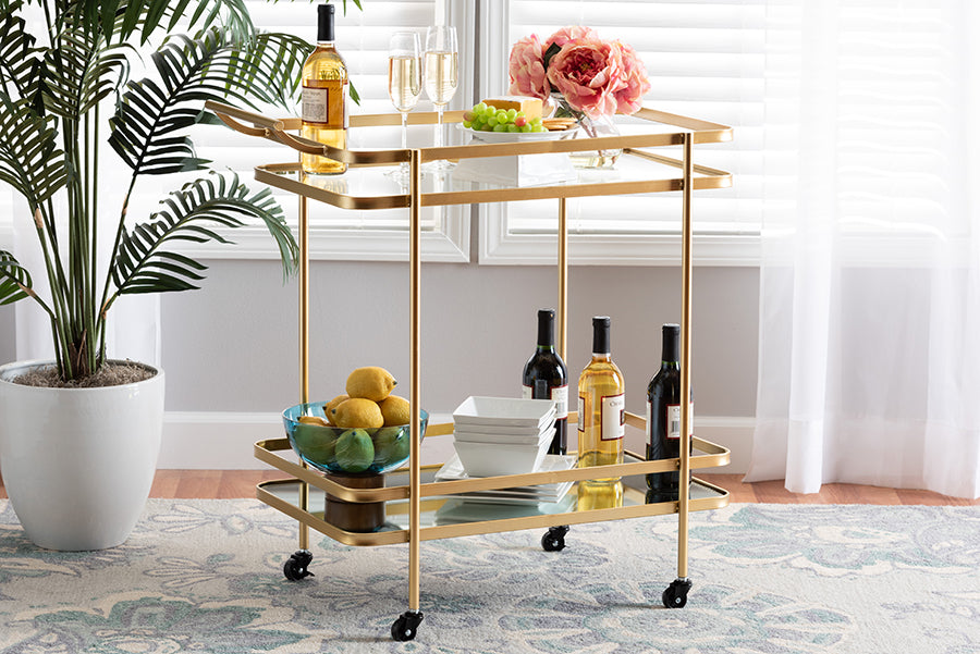 Baxton Studio Destin Modern and Contemporary Glam Brushed Gold Finished Metal and Mirrored Glass 2-Tier Mobile Wine Bar Cart