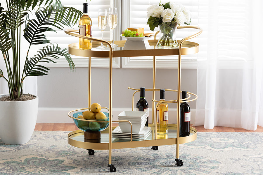 Baxton Studio Kamal Modern and Contemporary Glam Brushed Gold Finished Metal and Mirrored Glass 2-Tier Mobile Wine Bar Cart
