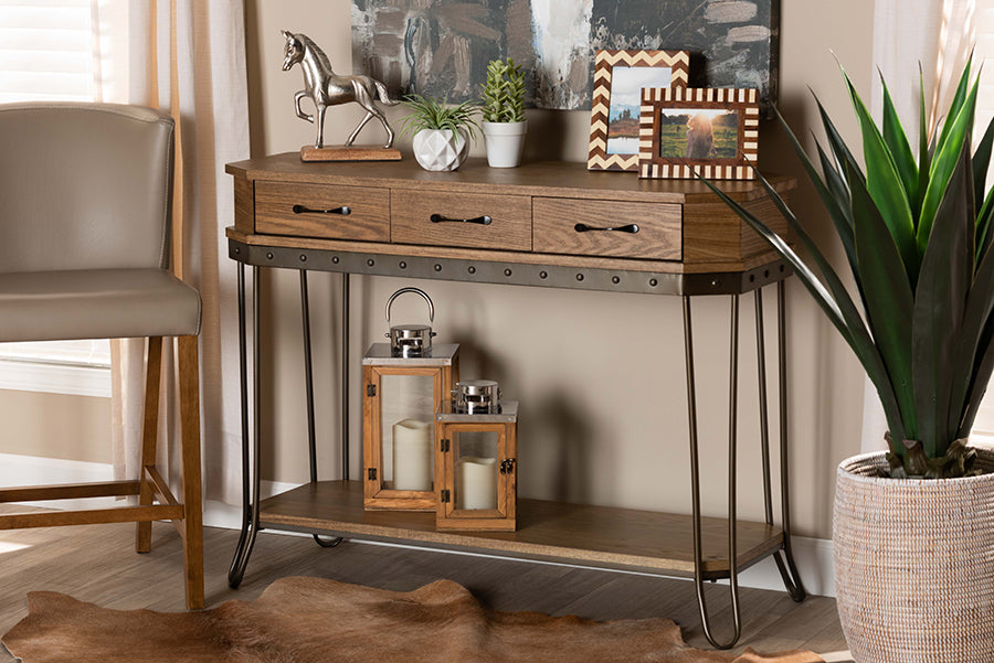 Baxton Studio Kellyn Vintage Rustic Industrial Oak Brown Finished Wood and Black Finished Metal 3-Drawer Console Table 