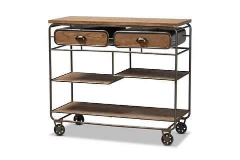 Baxton Studio Grant Vintage Rustic Industrial Oak Brown Finished Wood and Black Finished Metal 2-Drawer Kitchen Cart