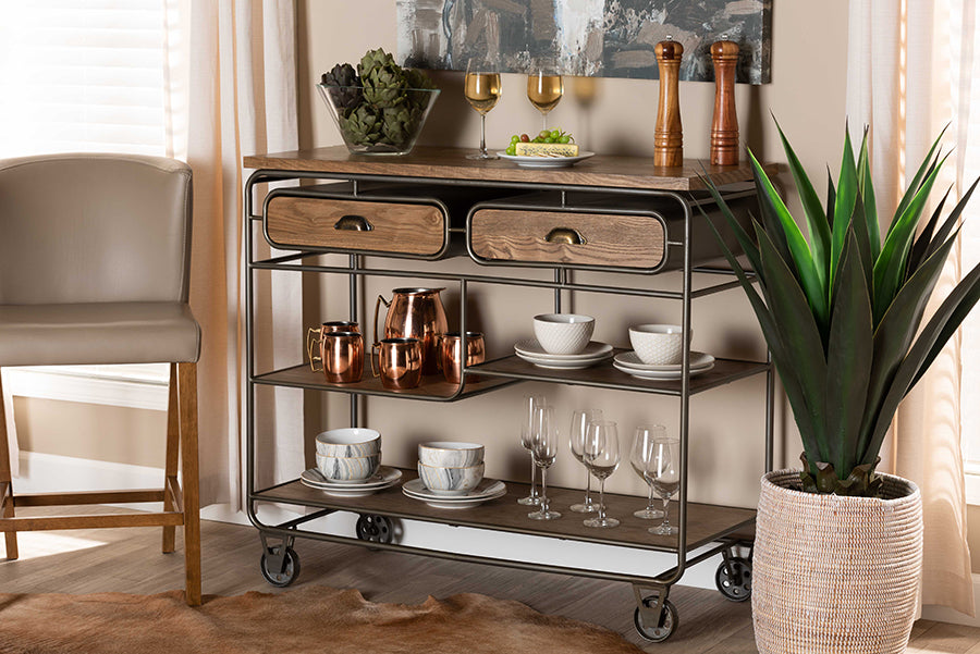Baxton Studio Grant Vintage Rustic Industrial Oak Brown Finished Wood and Black Finished Metal 2-Drawer Kitchen Cart