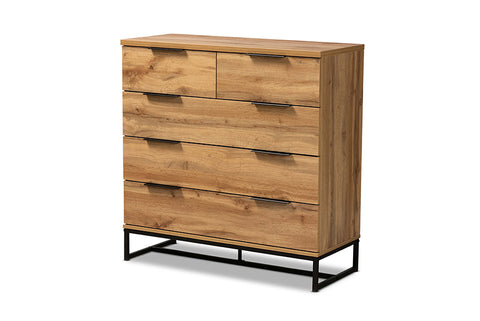 Baxton Studio Franklin Modern and Contemporary Oak Finished Wood and Black Finished Metal 5-Drawer Bedroom Chest