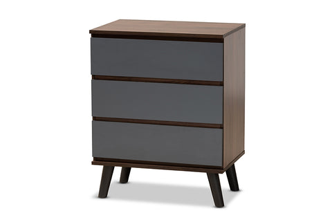 Baxton Studio Roldan Modern and Contemporary Two-Tone Walnut and Grey Finished Wood 3-Drawer Bedroom Chest