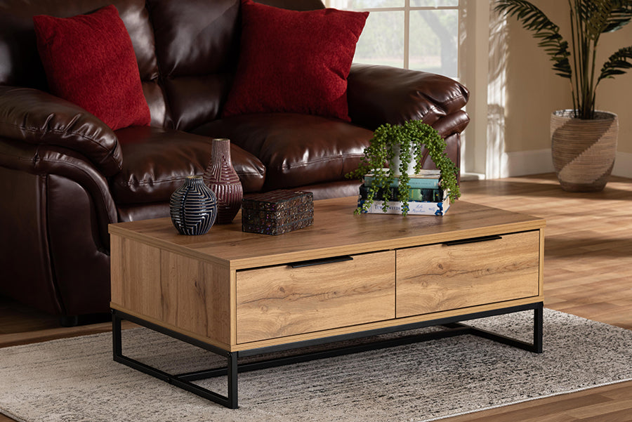 Baxton Studio Franklin Modern and Contemporary Oak Brown Finished Wood and Black Finished Metal 2-Drawer Coffee Table