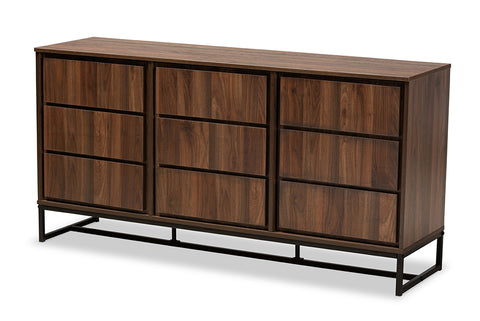 Baxton Studio Neil Modern and Contemporary Walnut Brown Finished Wood and Black Finished Metal 3-Door Dining Room Sideboard Buffet