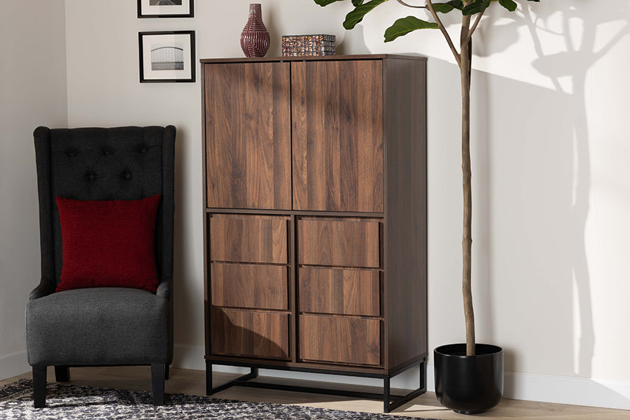 Baxton Studio Neil Modern and Contemporary Walnut Brown Finished Wood and Black Finished Metal Multipurpose Storage Cabinet