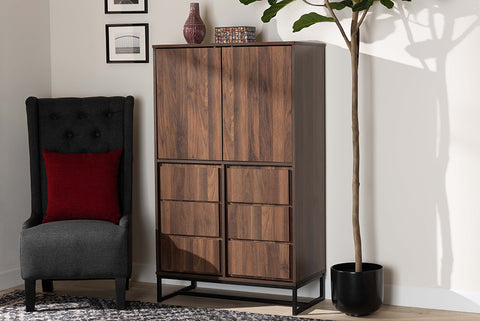 Baxton Studio Neil Modern and Contemporary Walnut Brown Finished Wood and Black Finished Metal Multipurpose Storage Cabinet