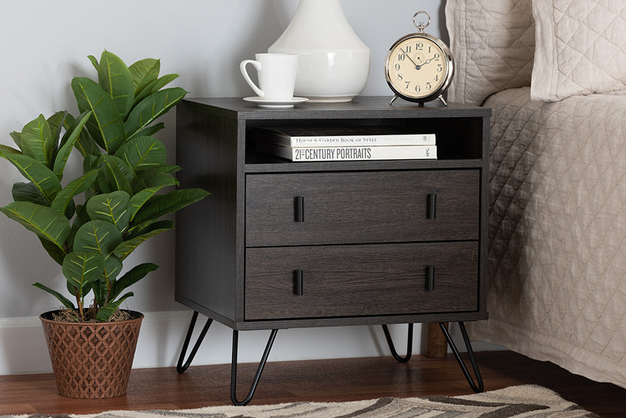 Baxton Studio Glover Modern and Contemporary Dark Brown Finished Wood and Black Metal 2-Drawer Nightstand