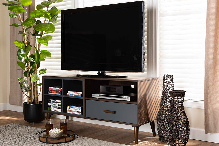 Baxton Studio Garrick Modern and Contemporary Two-Tone Grey and Walnut Brown Finished Wood 1-Drawer TV Stand