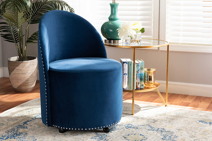 Baxton Studio Bethel Glam and Luxe Navy Blue Velvet Fabric Upholstered Rolling Accent Chair