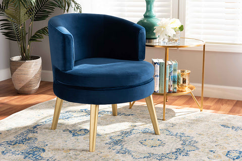 Baxton Studio Baptiste Glam and Luxe Navy Blue Velvet Fabric Upholstered and Gold Finished Wood Accent Chair