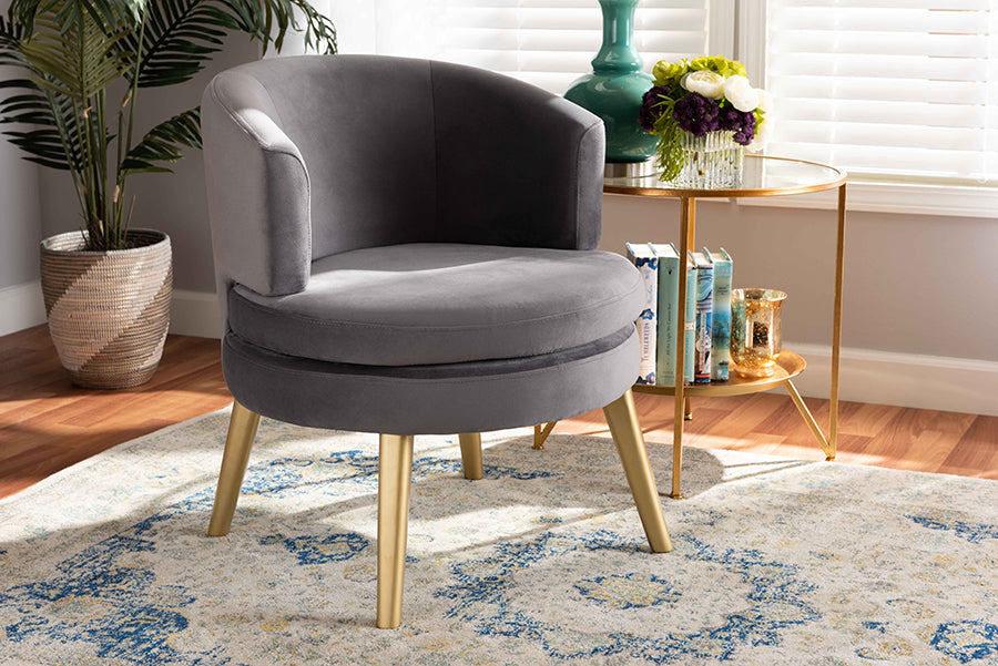 Baxton Studio Baptiste Glam and Luxe Grey Velvet Fabric Upholstered and Gold Finished Wood Accent Chair