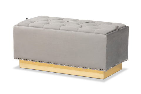Baxton Studio Powell Glam and Luxe Grey Velvet Fabric Upholstered and Gold PU Leather Storage Ottoman