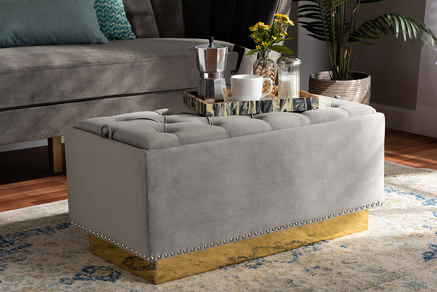 Baxton Studio Powell Glam and Luxe Grey Velvet Fabric Upholstered and Gold PU Leather Storage Ottoman