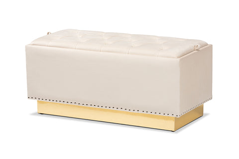 Baxton Studio Powell Glam and Luxe Beige Velvet Fabric Upholstered and Gold PU Leather Storage Ottoman
