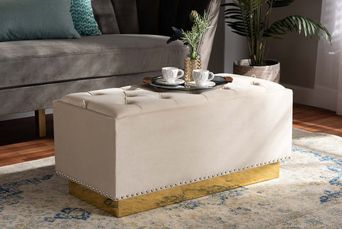 Baxton Studio Powell Glam and Luxe Beige Velvet Fabric Upholstered and Gold PU Leather Storage Ottoman