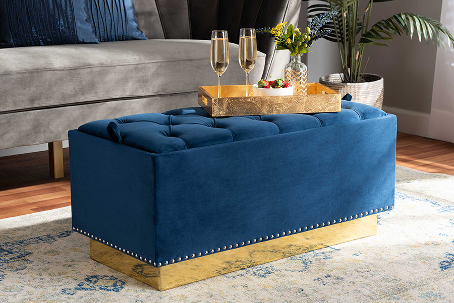 Baxton Studio Powell Glam and Luxe Navy Blue Velvet Fabric Upholstered and Gold PU Leather Storage Ottoman