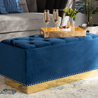 Baxton Studio Powell Glam and Luxe Navy Blue Velvet Fabric Upholstered and Gold PU Leather Storage Ottoman