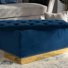 Baxton Studio Powell Glam and Luxe Navy Blue Velvet Fabric Upholstered and Gold PU Leather Storage Ottoman