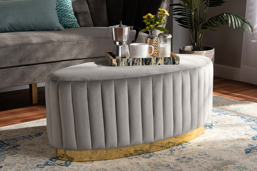 Baxton Studio Kirana Glam and Luxe Grey Velvet Fabric Upholstered and Gold PU Leather Ottoman
