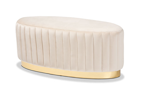 Baxton Studio Kirana Glam and Luxe Beige Velvet Fabric Upholstered and Gold PU Leather Ottoman