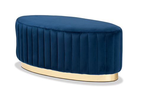 Baxton Studio Kirana Glam and Luxe Navy Blue Velvet Fabric Upholstered and Gold PU Leather Ottoman
