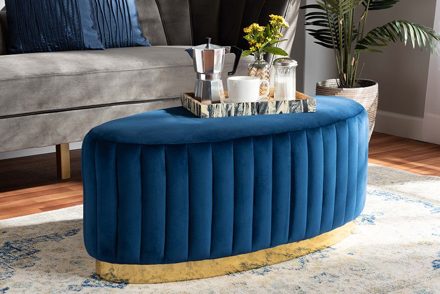 Baxton Studio Kirana Glam and Luxe Navy Blue Velvet Fabric Upholstered and Gold PU Leather Ottoman