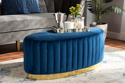 Baxton Studio Kirana Glam and Luxe Navy Blue Velvet Fabric Upholstered and Gold PU Leather Ottoman