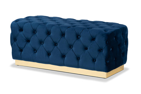 Baxton Studio Corrine Glam and Luxe Navy Blue Velvet Fabric Upholstered and Gold PU Leather Ottoman