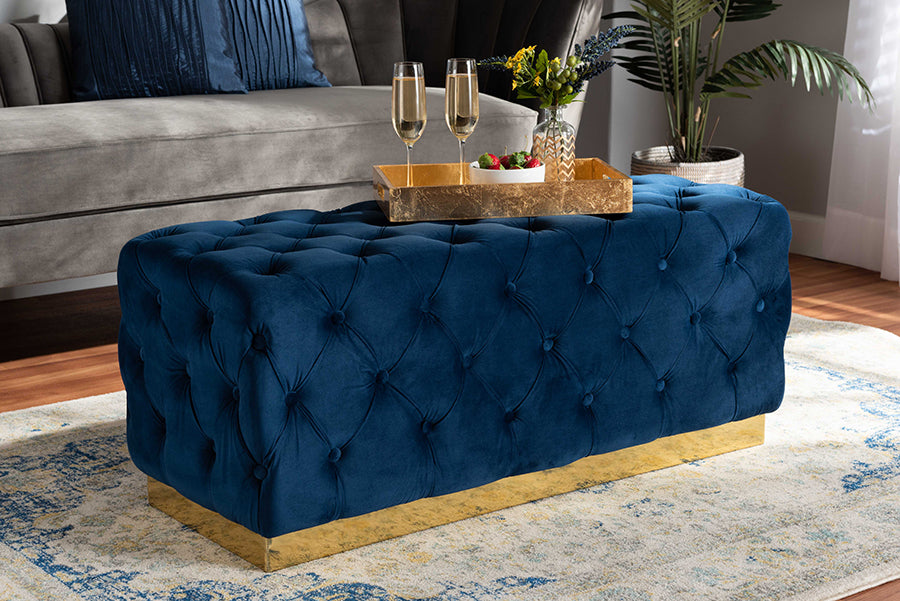 Baxton Studio Corrine Glam and Luxe Navy Blue Velvet Fabric Upholstered and Gold PU Leather Ottoman