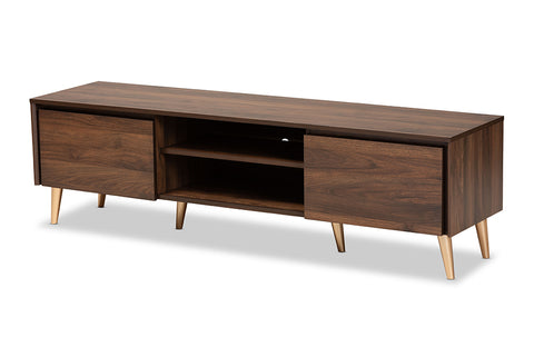 Baxton Studio Landen Mid-Century Modern Walnut Brown and Gold Finished Wood TV Stand