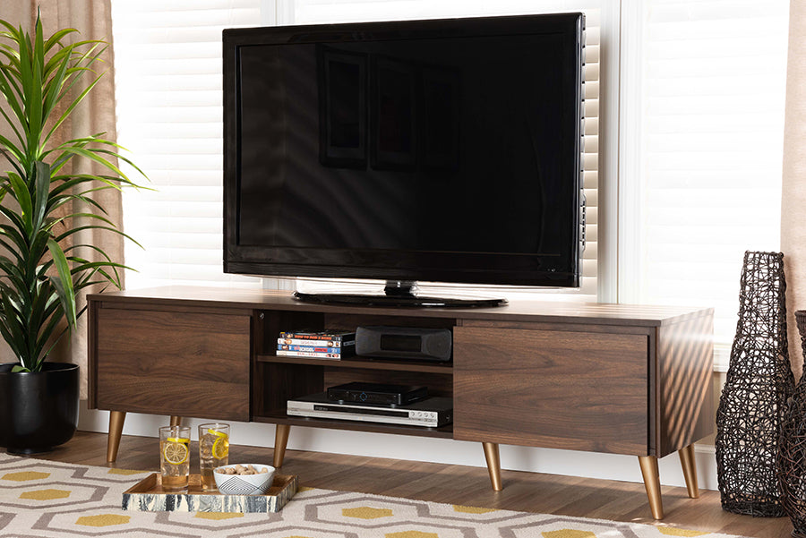Baxton Studio Landen Mid-Century Modern Walnut Brown and Gold Finished Wood TV Stand