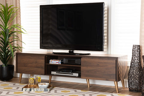 Baxton Studio Landen Mid-Century Modern Walnut Brown and Gold Finished Wood TV Stand