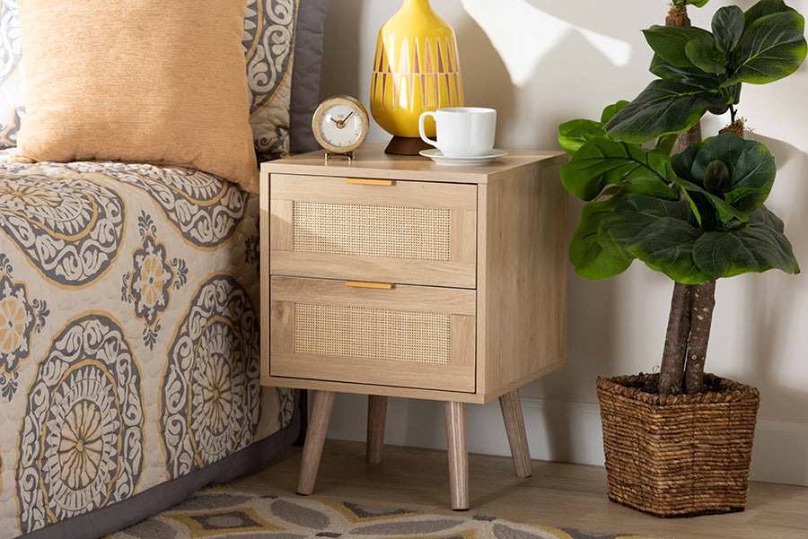 Baxton Studio Baird Mid-Century Modern Light Oak Brown Finished Wood and Rattan 2-Drawer End Table