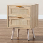 Baxton Studio Baird Mid-Century Modern Light Oak Brown Finished Wood and Rattan 2-Drawer End Table