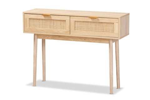 Baxton Studio Baird Mid-Century Modern Light Oak Brown Finished Wood and Rattan 2-Drawer Console Table