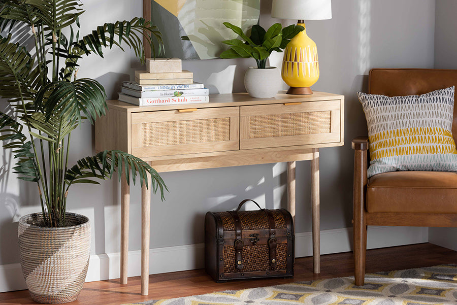 Baxton Studio Baird Mid-Century Modern Light Oak Brown Finished Wood and Rattan 2-Drawer Console Table
