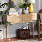 Baxton Studio Baird Mid-Century Modern Light Oak Brown Finished Wood and Rattan 2-Drawer Console Table