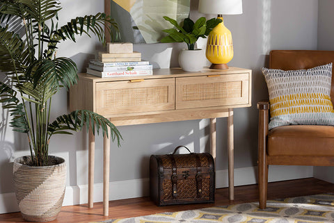 Baxton Studio Baird Mid-Century Modern Light Oak Brown Finished Wood and Rattan 2-Drawer Console Table