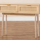 Baxton Studio Baird Mid-Century Modern Light Oak Brown Finished Wood and Rattan 2-Drawer Console Table